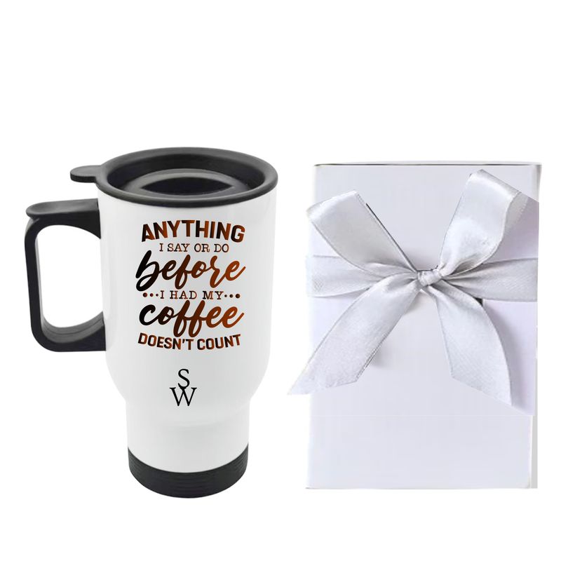 Personalized stainless steel travel mug with uplifting quote, name or initials