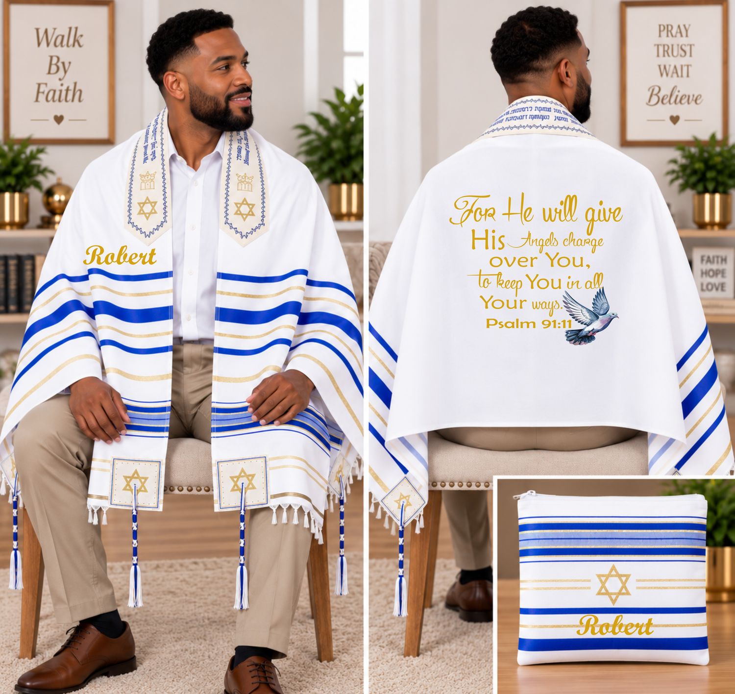 Personalized Prayer Shawl Tallit with custom name, scripture verse, and matching pouch – crafted for worship and comfort
