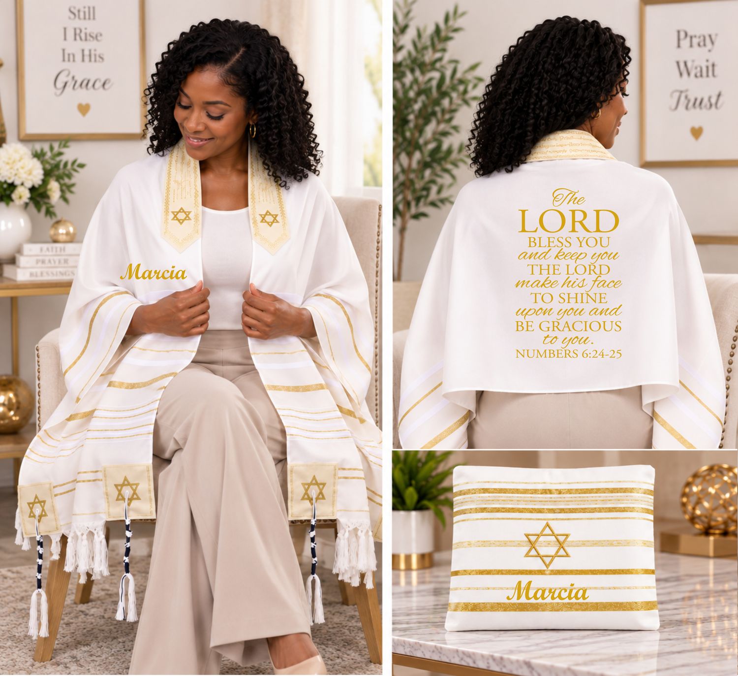 Personalized Prayer Shawl Tallit with custom name, scripture verse, and matching pouch – crafted for worship and comfort