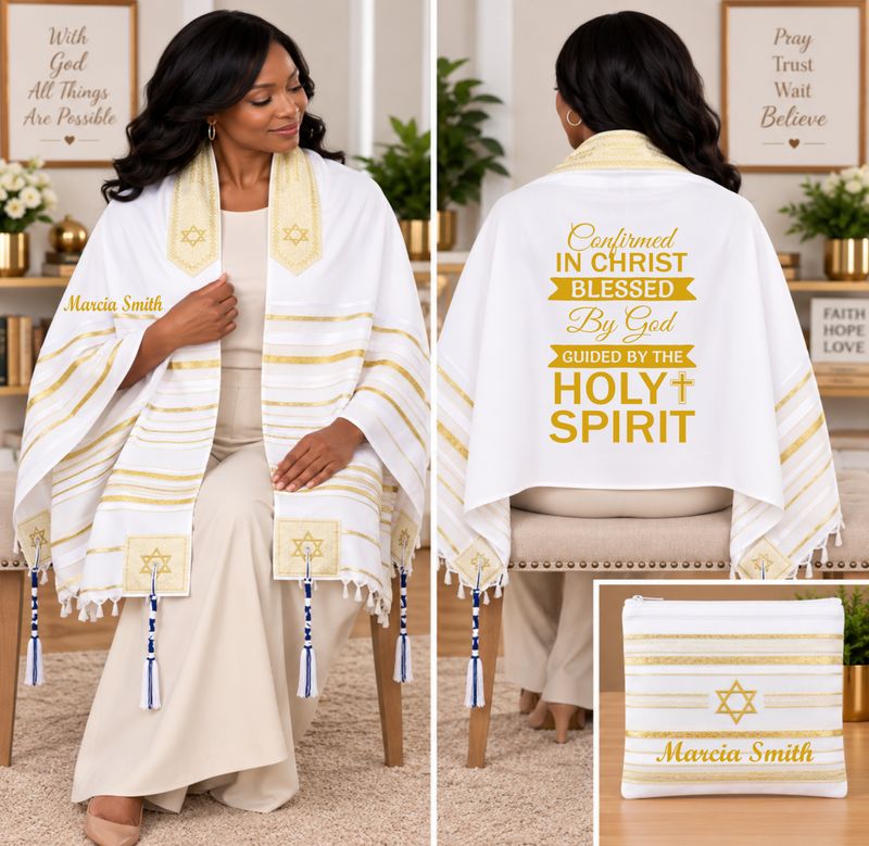Personalized Prayer Shawl Tallit with custom name, scripture verse, and matching pouch – crafted for worship and comfort