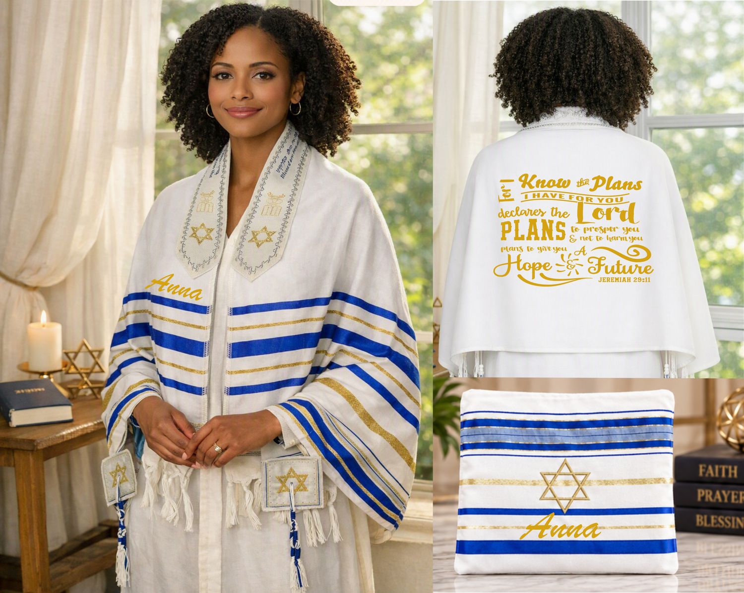 Personalized Prayer Shawl Tallit with custom name, scripture verse, and matching pouch – crafted for worship and comfort