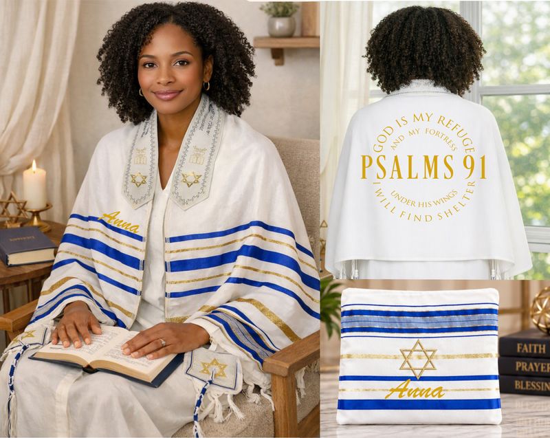 Personalized Prayer Shawl Tallit with custom name, scripture verse, and matching pouch – crafted for worship and comfort