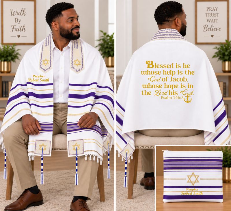 Personalized Prayer Shawl Tallit with custom name, scripture verse, and matching pouch – crafted for worship and comfort