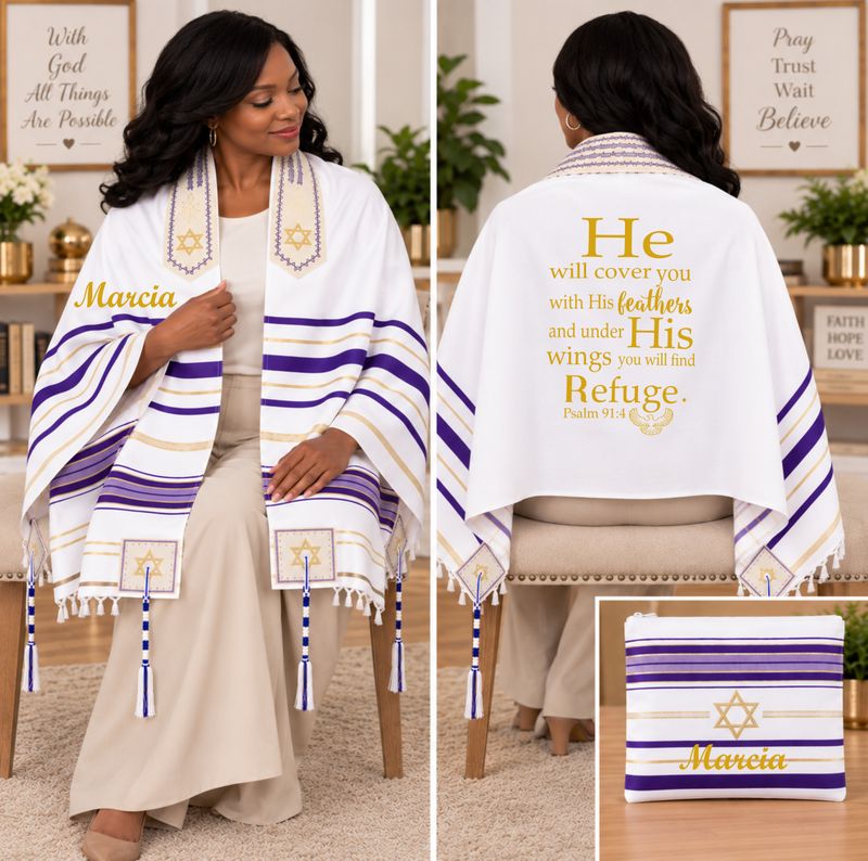 Personalized Prayer Shawl Tallit with custom name, scripture verse, and matching pouch – crafted for worship and comfort