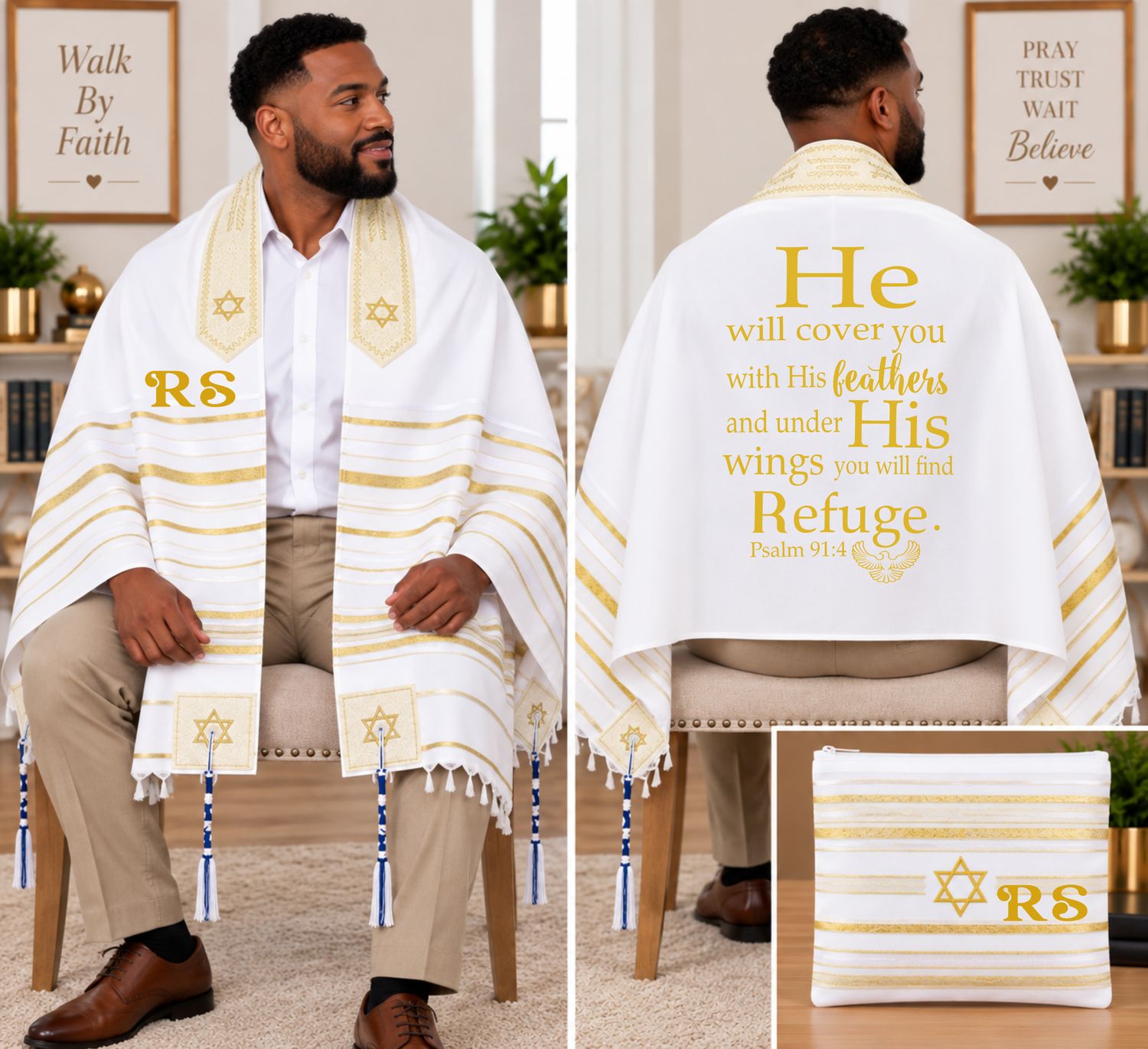 Personalized Prayer Shawl Tallit with custom name, scripture verse, and matching pouch – crafted for worship and comfort