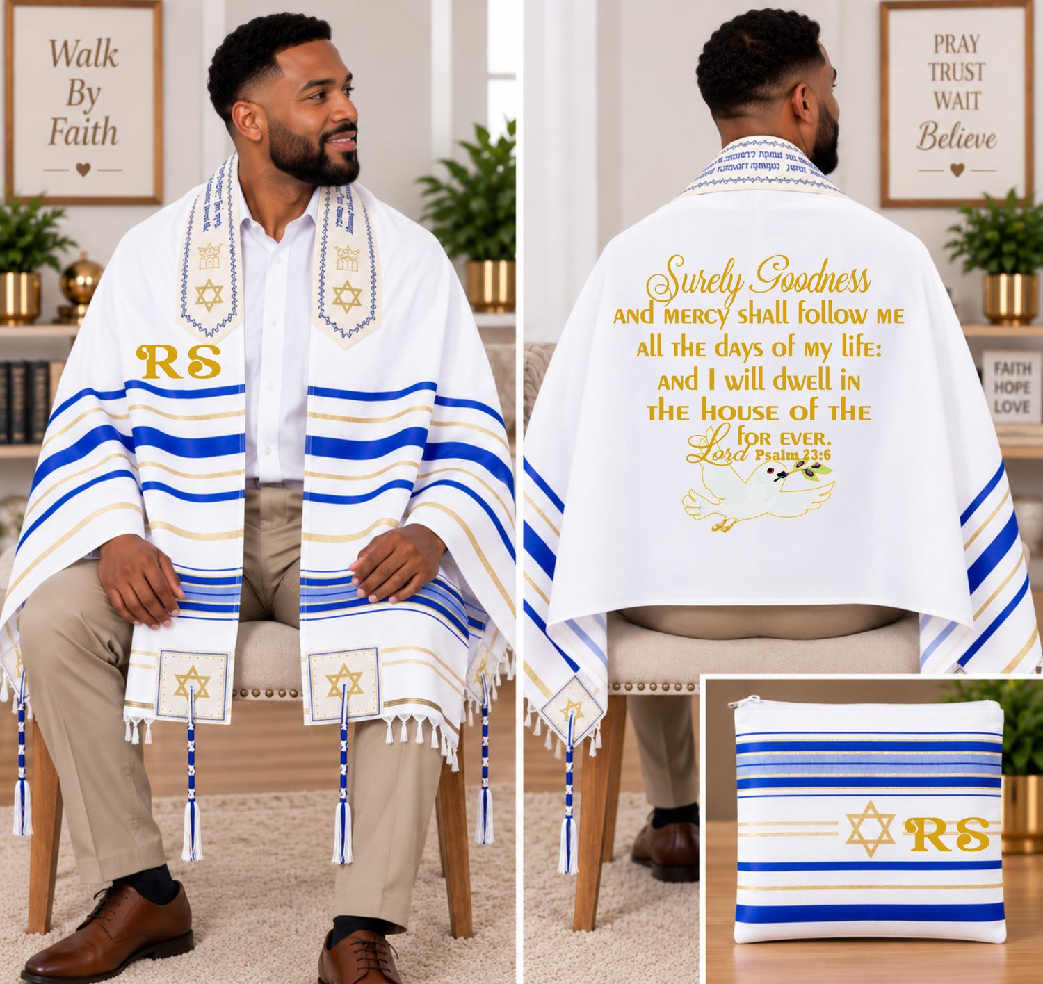 Personalized Prayer Shawl Tallit with custom name, scripture verse, and matching pouch – crafted for worship and comfort