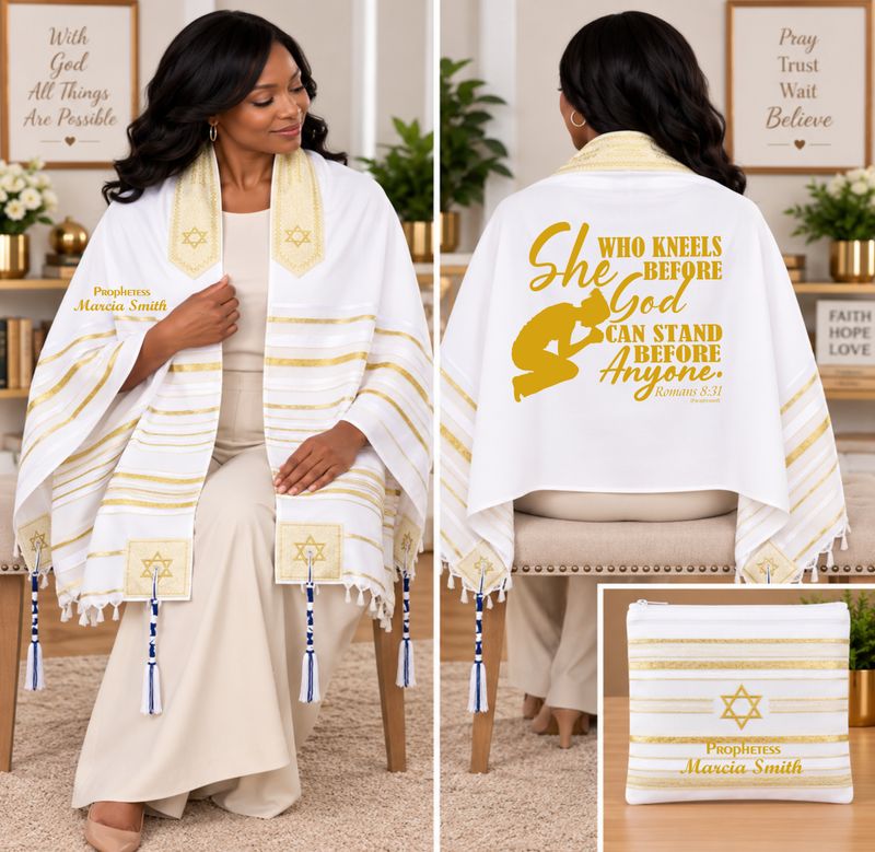 Personalized Prayer Shawl Tallit with custom name, scripture verse, and matching pouch – crafted for worship and comfort