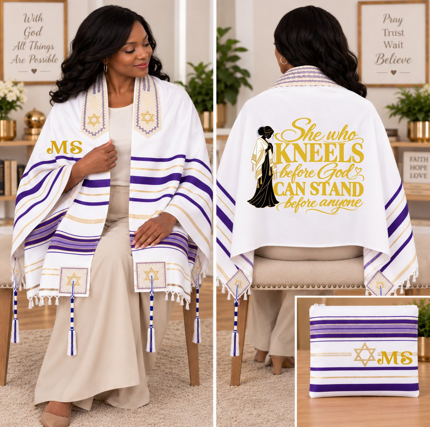 Personalized Prayer Shawl Tallit with custom name, scripture verse, and matching pouch – crafted for worship and comfort