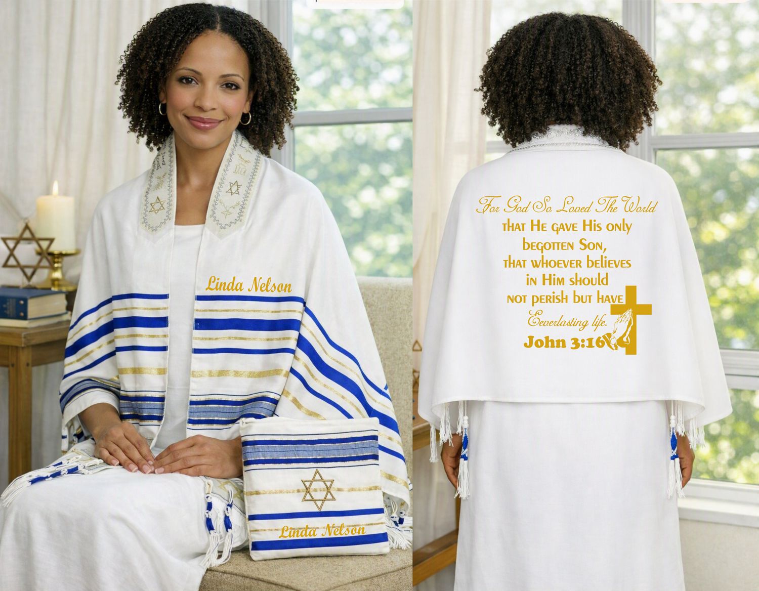 Personalized Prayer Shawl Tallit with custom name, scripture verse, and matching pouch – crafted for worship and comfort
