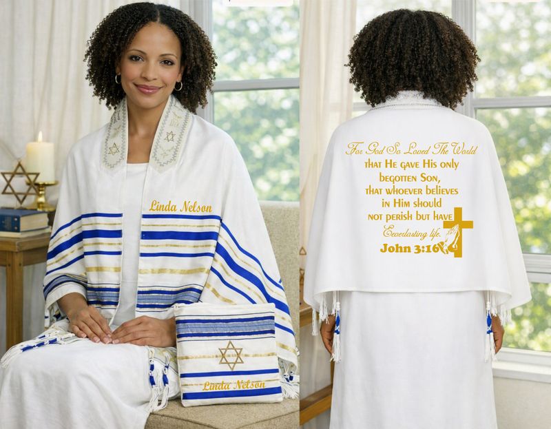 Personalized Prayer Shawl Tallit with custom name, scripture verse, and matching pouch – crafted for worship and comfort