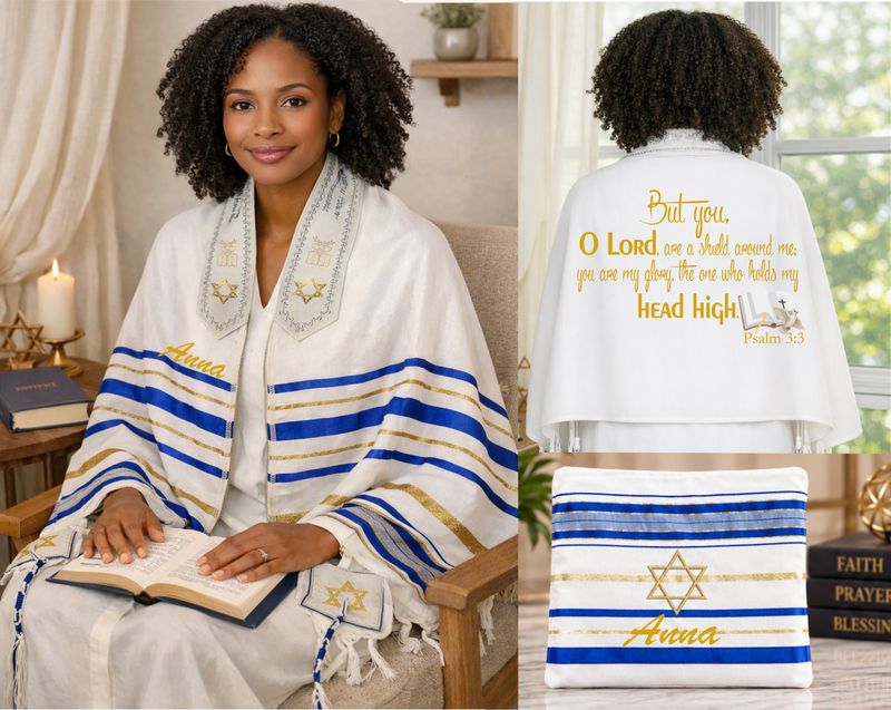 Personalized Prayer Shawl Tallit with custom name, scripture verse, and matching pouch – crafted for worship and comfort
