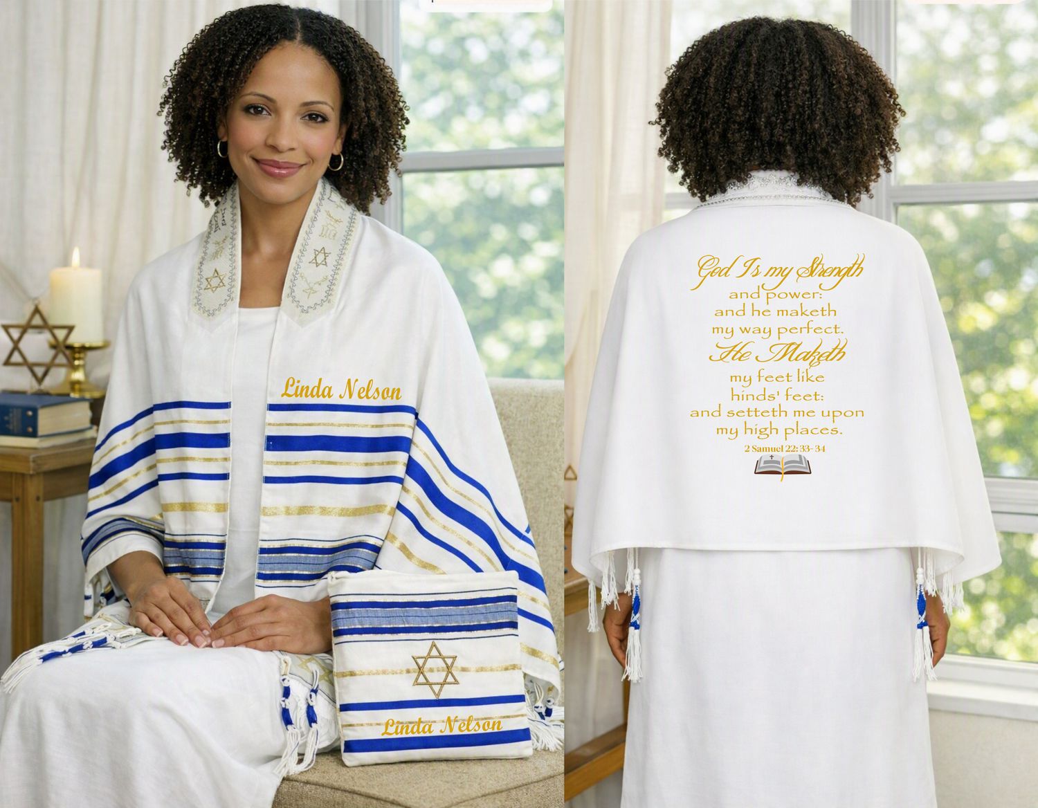 Personalized Prayer Shawl Tallit with custom name, scripture verse, and matching pouch – crafted for worship and comfort