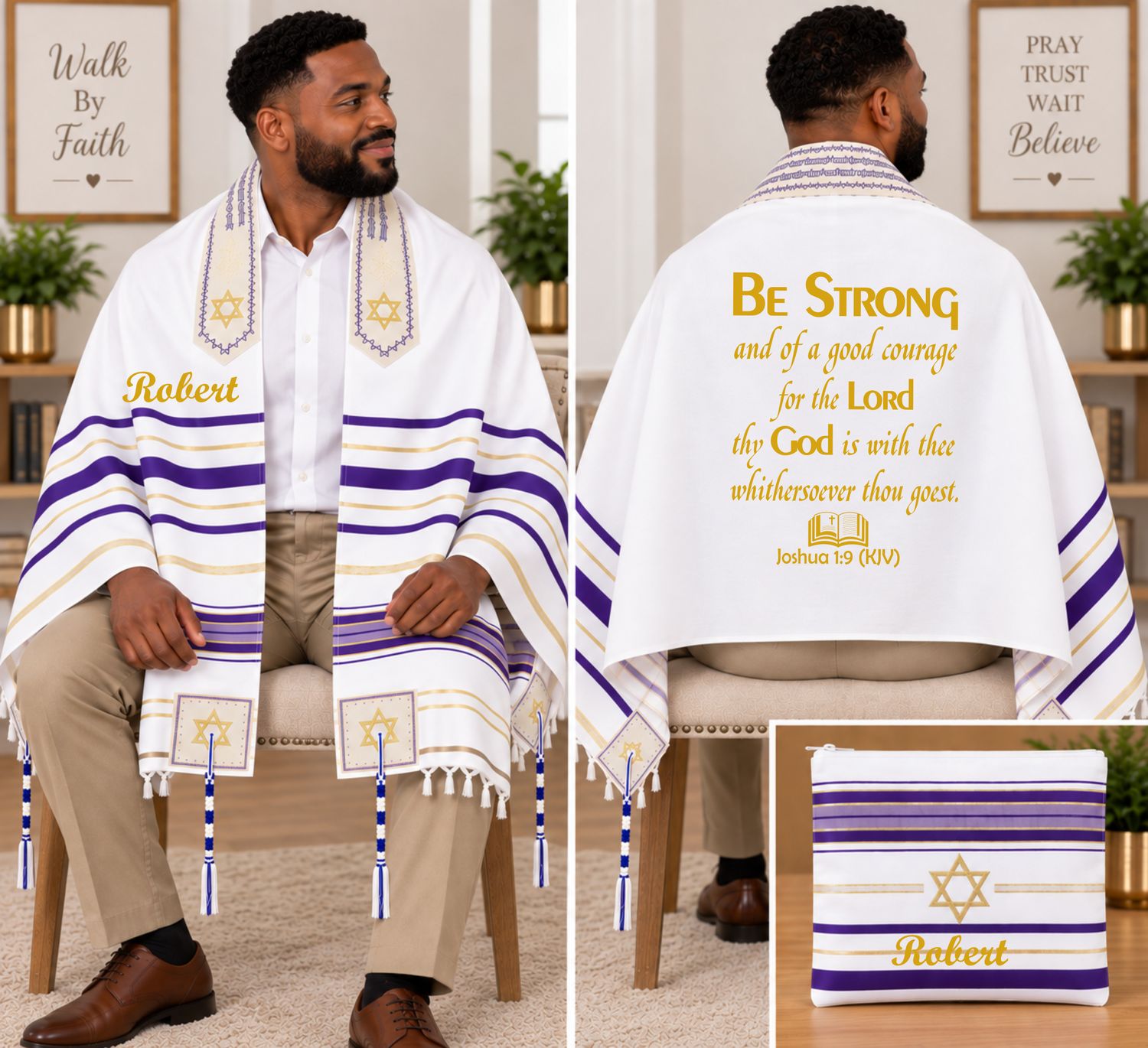 Personalized Prayer Shawl Tallit with custom name, scripture verse, and matching pouch – crafted for worship and comfort