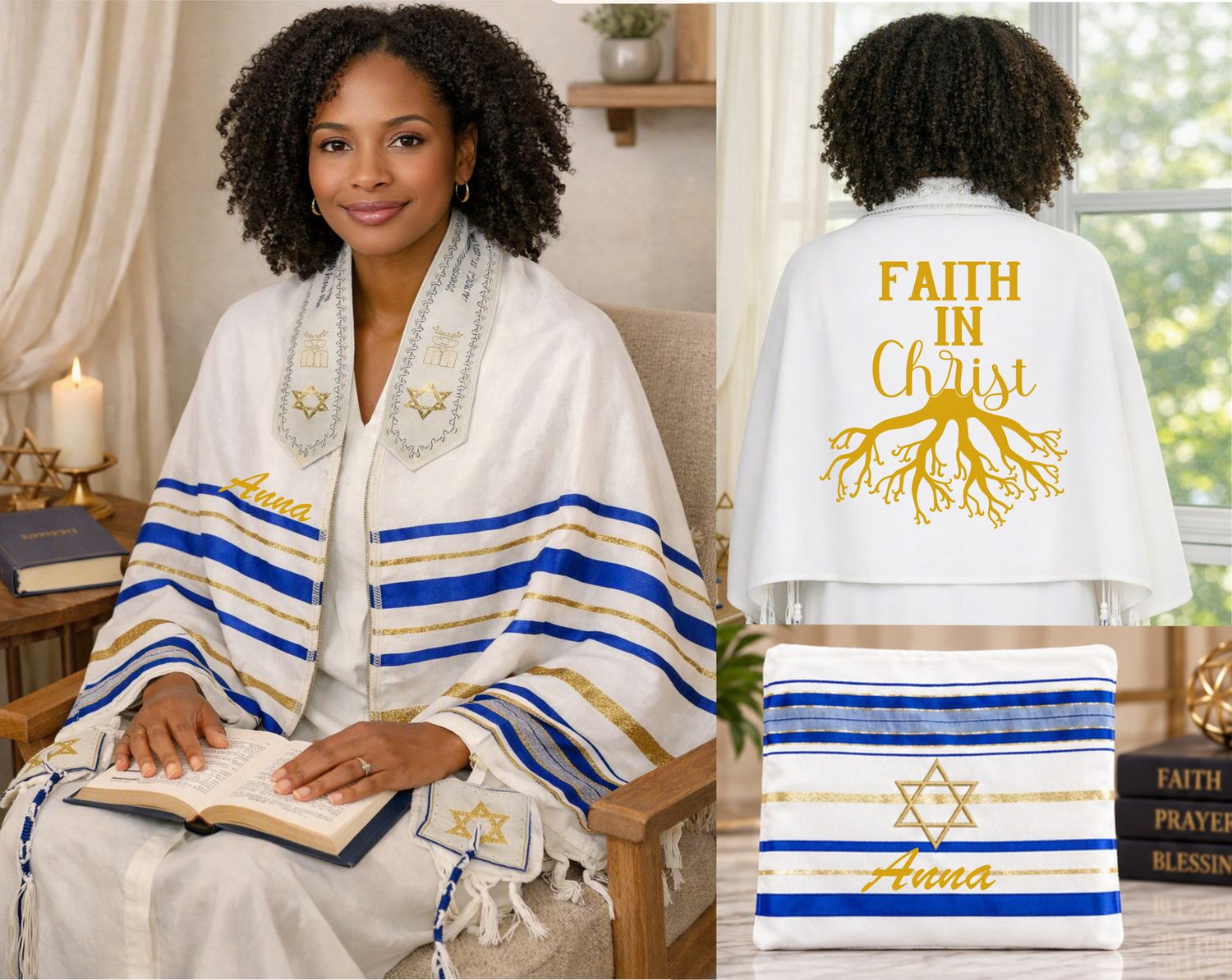 Personalized Prayer Shawl Tallit with custom name, scripture verse, and matching pouch – crafted for worship and comfort
