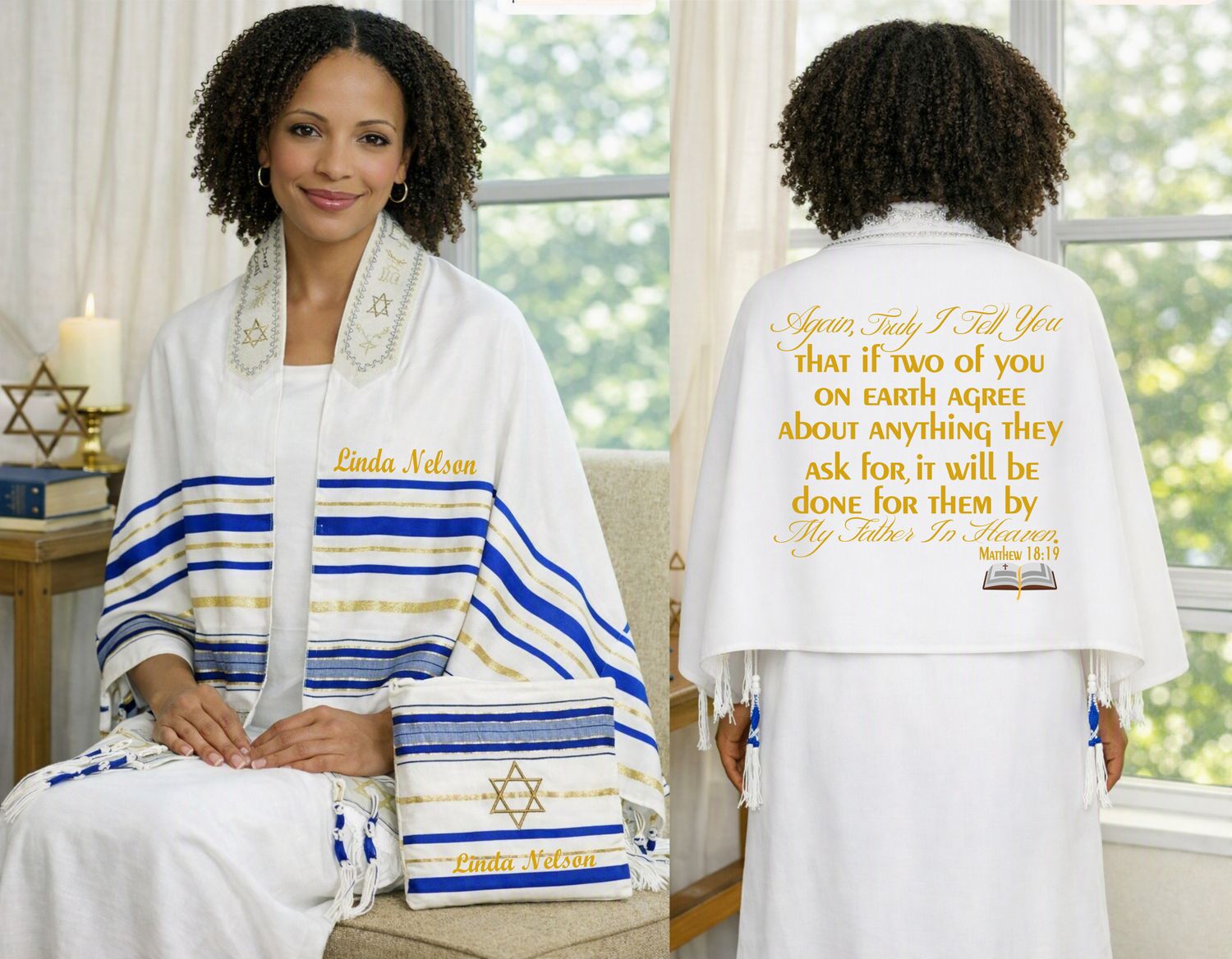 Personalized Prayer Shawl Tallit with custom name, scripture verse, and matching pouch – crafted for worship and comfort