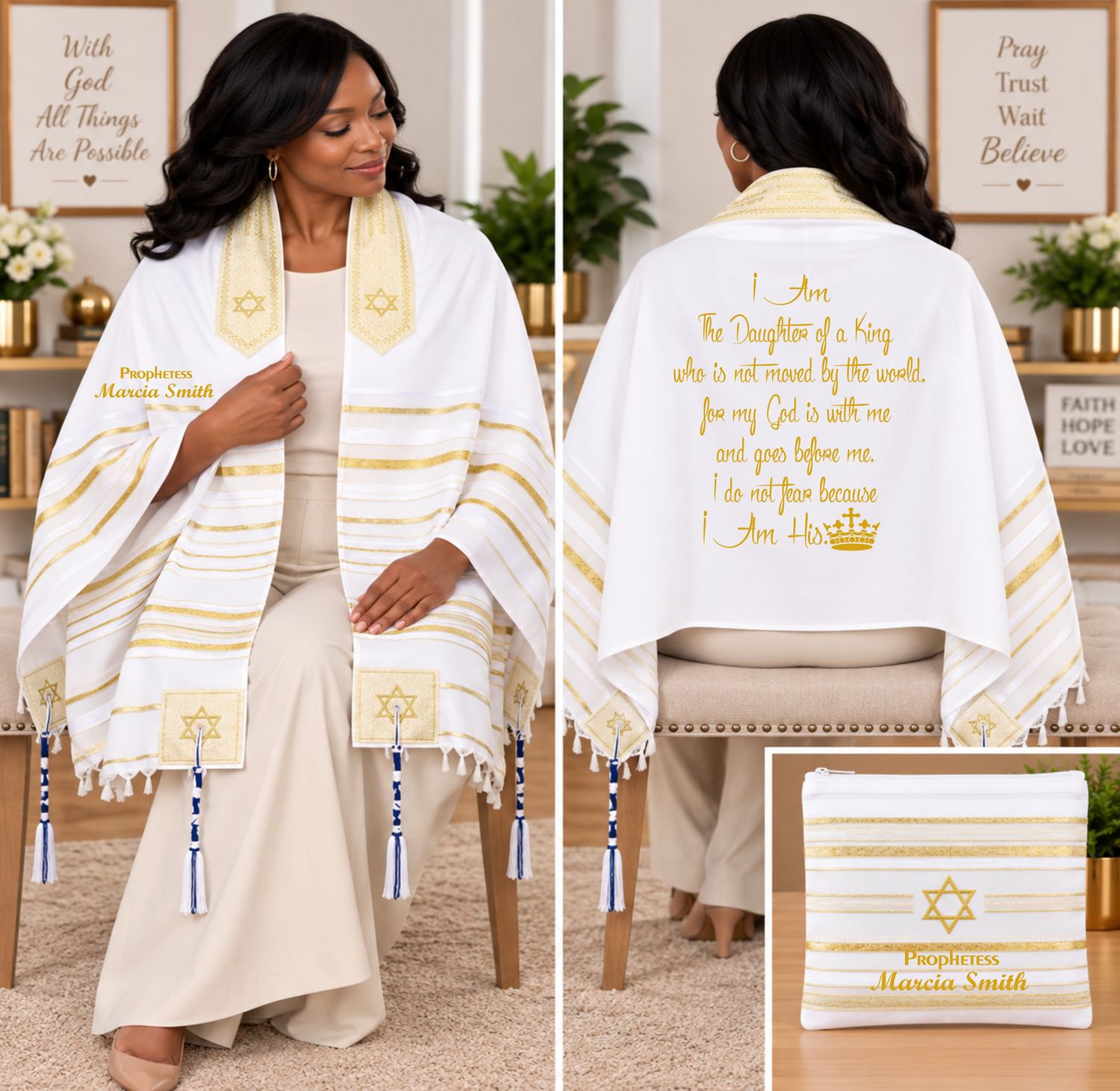 Personalized Prayer Shawl Tallit with custom name, scripture verse, and matching pouch – crafted for worship and comfort