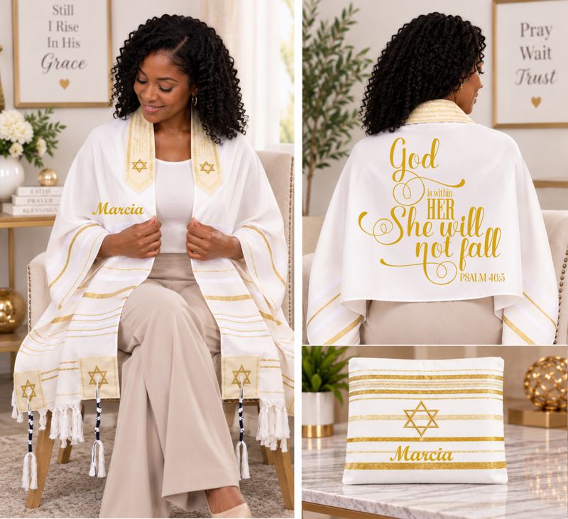 Personalized Prayer Shawl Tallit with custom name, scripture verse, and matching pouch – crafted for worship and comfort