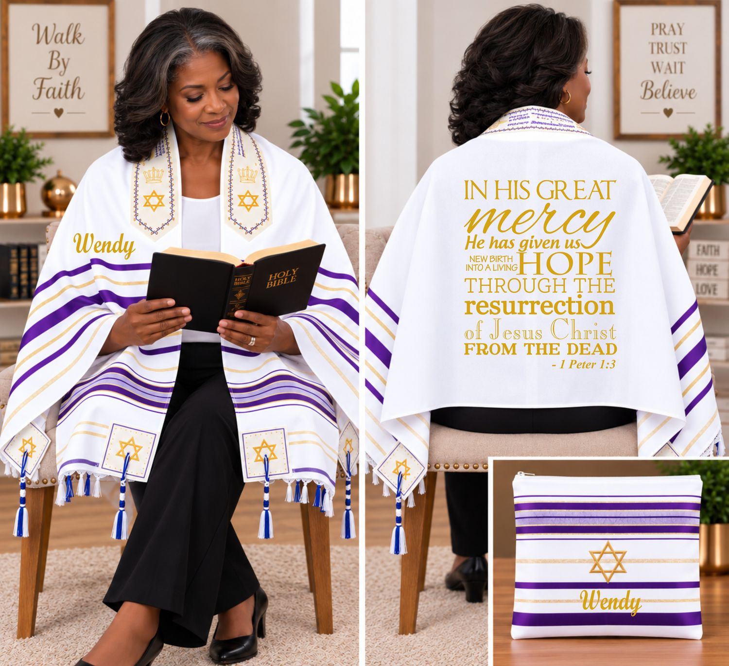 Personalized Prayer Shawl Tallit with custom name, scripture verse, and matching pouch – crafted for worship and comfort