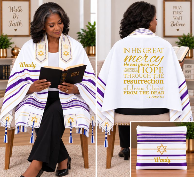 Personalized Prayer Shawl Tallit with custom name, scripture verse, and matching pouch – crafted for worship and comfort