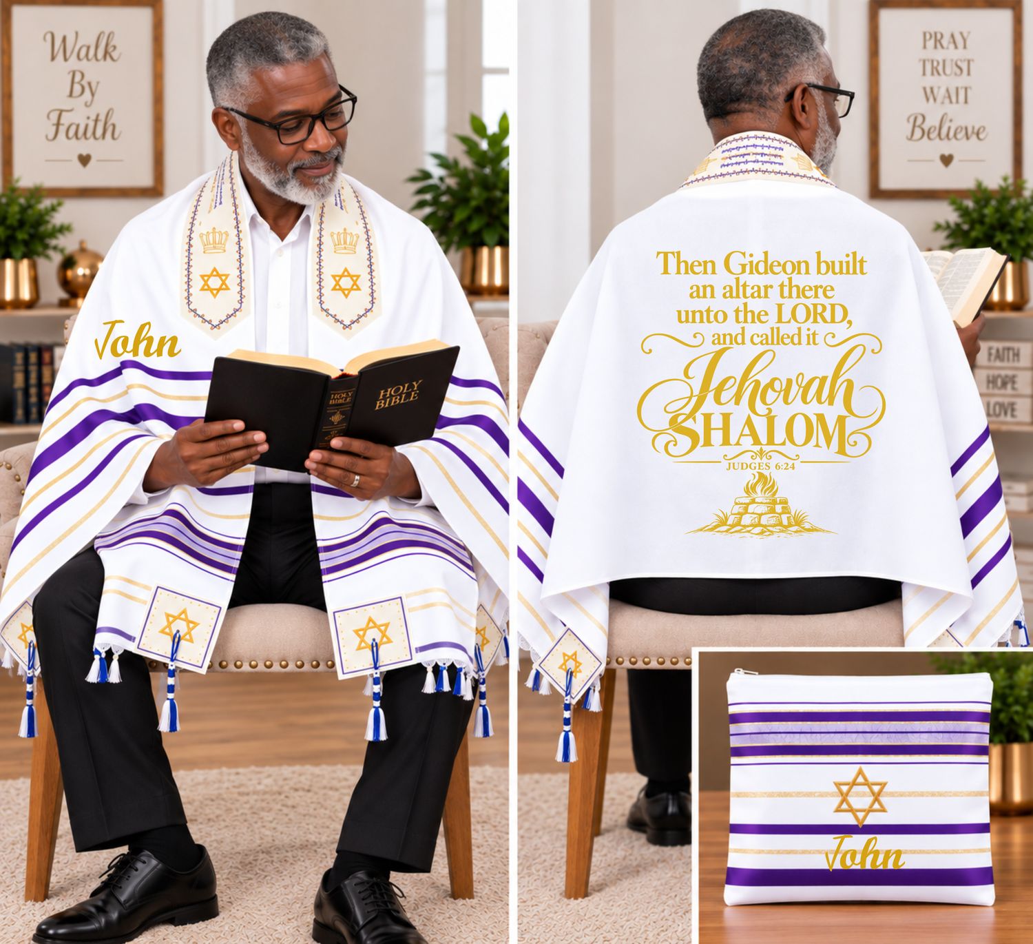 Personalized Prayer Shawl Tallit with custom name, scripture verse, and matching pouch – crafted for worship and comfort