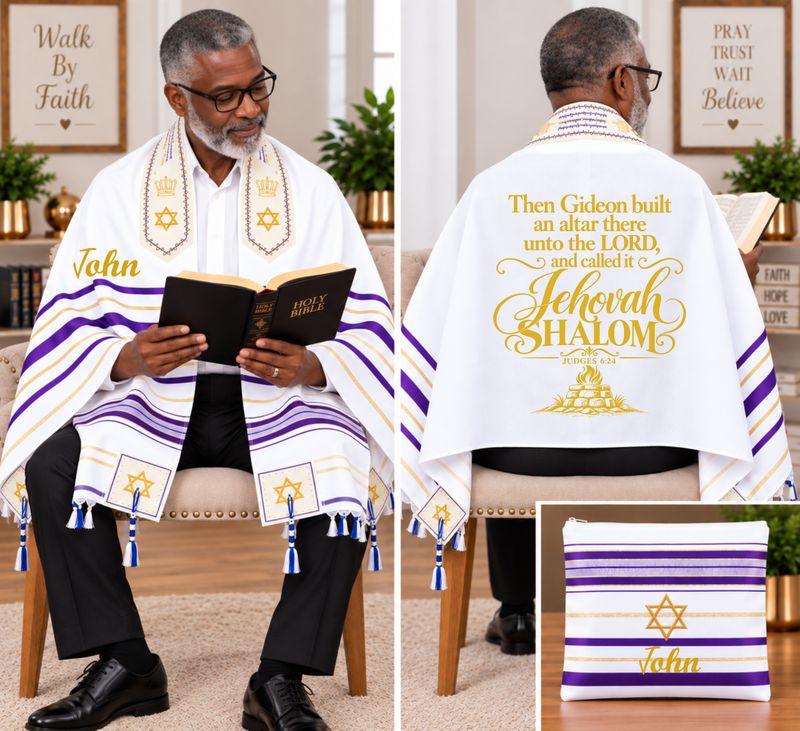 Personalized Prayer Shawl Tallit with custom name, scripture verse, and matching pouch – crafted for worship and comfort