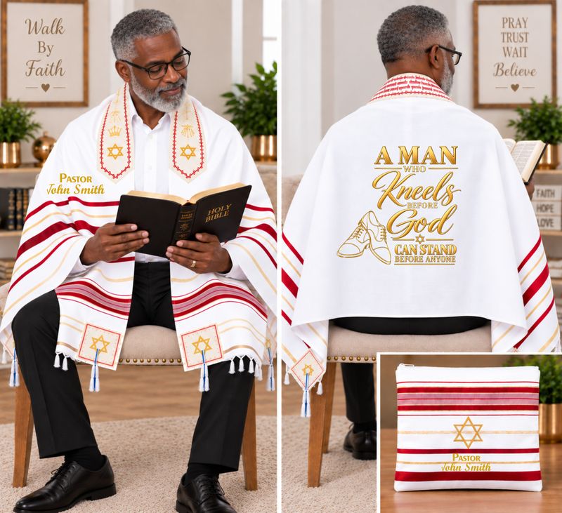 Personalized Prayer Shawl Tallit with custom name, scripture verse, and matching pouch – crafted for worship and comfort