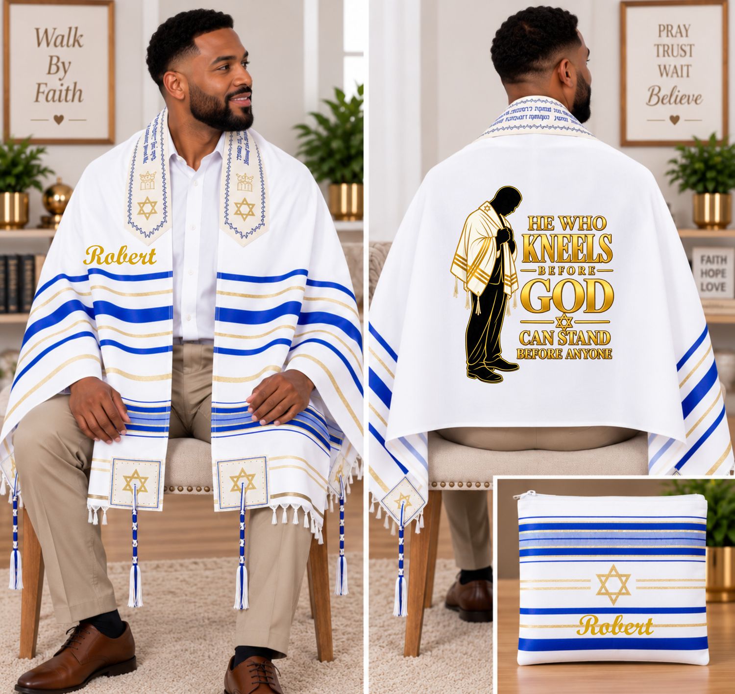 Personalized Prayer Shawl Tallit with custom name, scripture verse, and matching pouch – crafted for worship and comfort