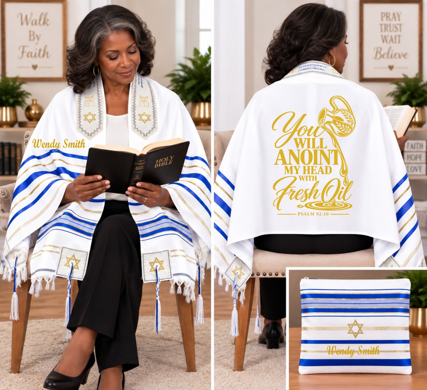 Personalized Prayer Shawl Tallit with custom name, scripture verse, and matching pouch – crafted for worship and comfort