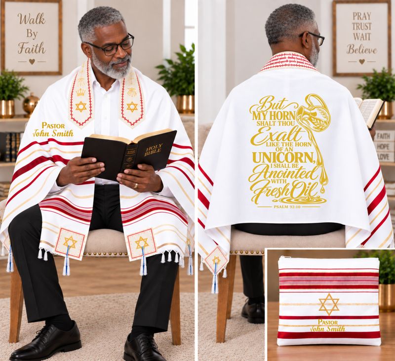 Personalized Prayer Shawl Tallit with custom name, scripture verse, and matching pouch – crafted for worship and comfort