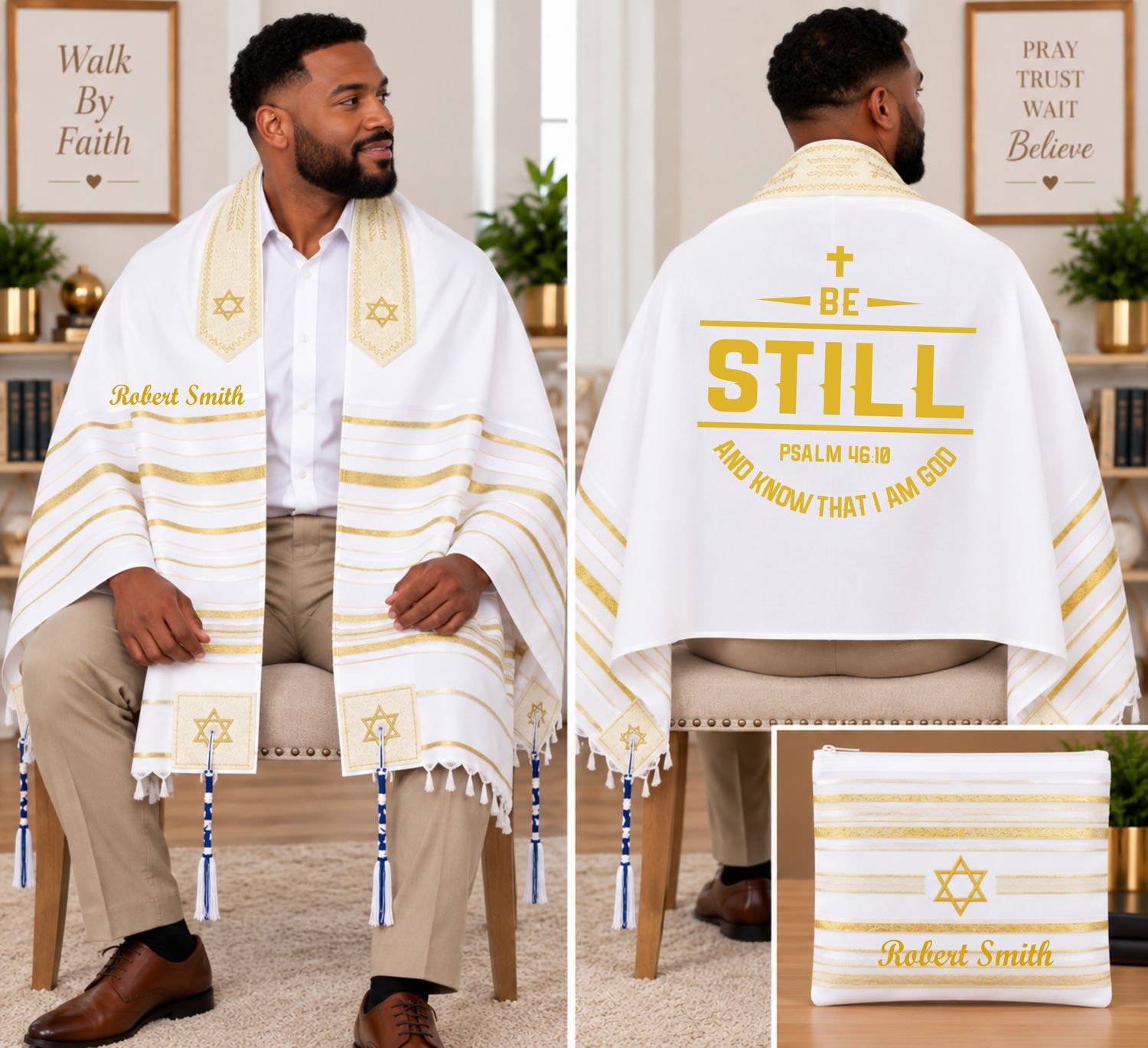 Personalized Prayer Shawl Tallit with custom name, scripture verse, and matching pouch – crafted for worship and comfort
