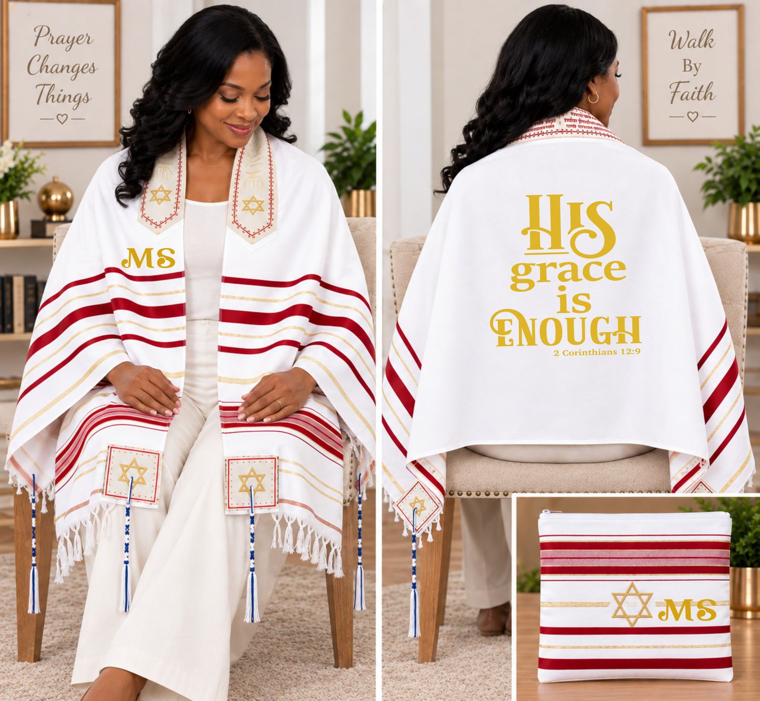 Personalized Prayer Shawl Tallit with custom name, scripture verse, and matching pouch – crafted for worship and comfort