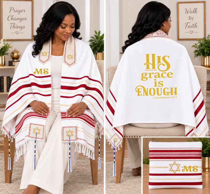Personalized Prayer Shawl Tallit with custom name, scripture verse, and matching pouch – crafted for worship and comfort