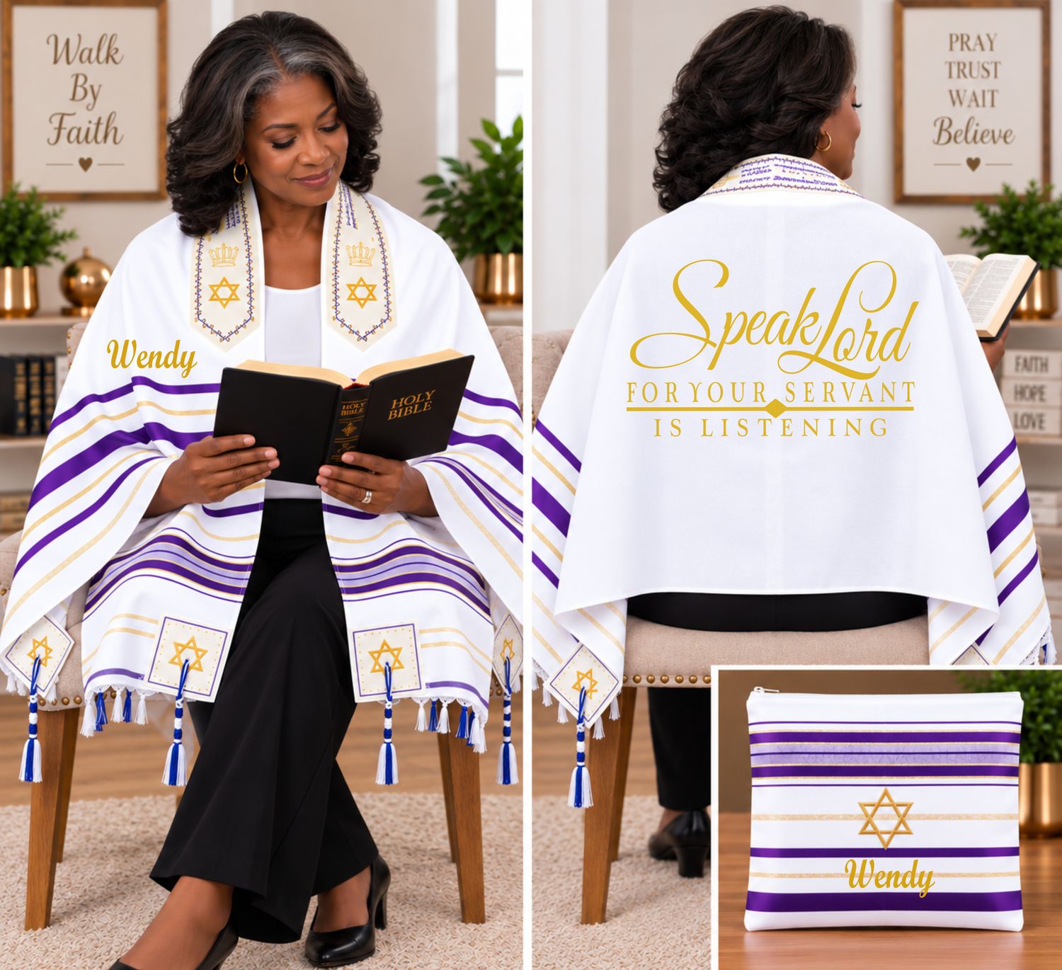 Personalized Prayer Shawl Tallit with custom name, scripture verse, and matching pouch – crafted for worship and comfort