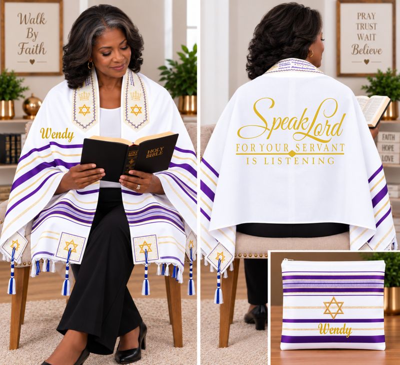 Personalized Prayer Shawl Tallit with custom name, scripture verse, and matching pouch – crafted for worship and comfort