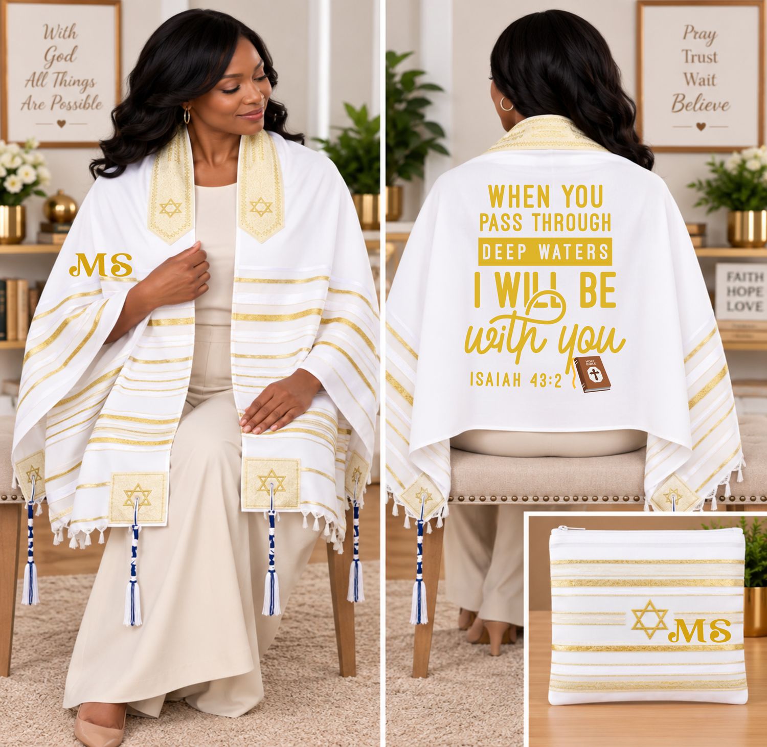 Personalized Prayer Shawl Tallit with custom name, scripture verse, and matching pouch – crafted for worship and comfort