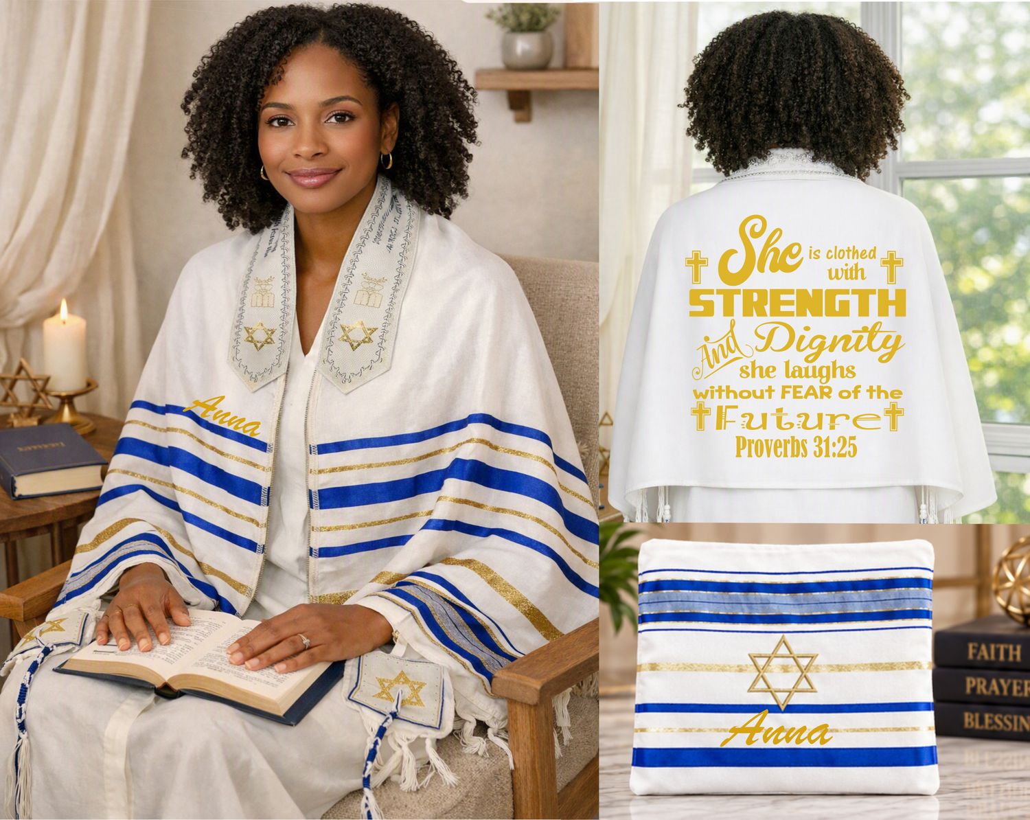 Personalized Prayer Shawl Tallit with custom name, scripture verse, and matching pouch – crafted for worship and comfort