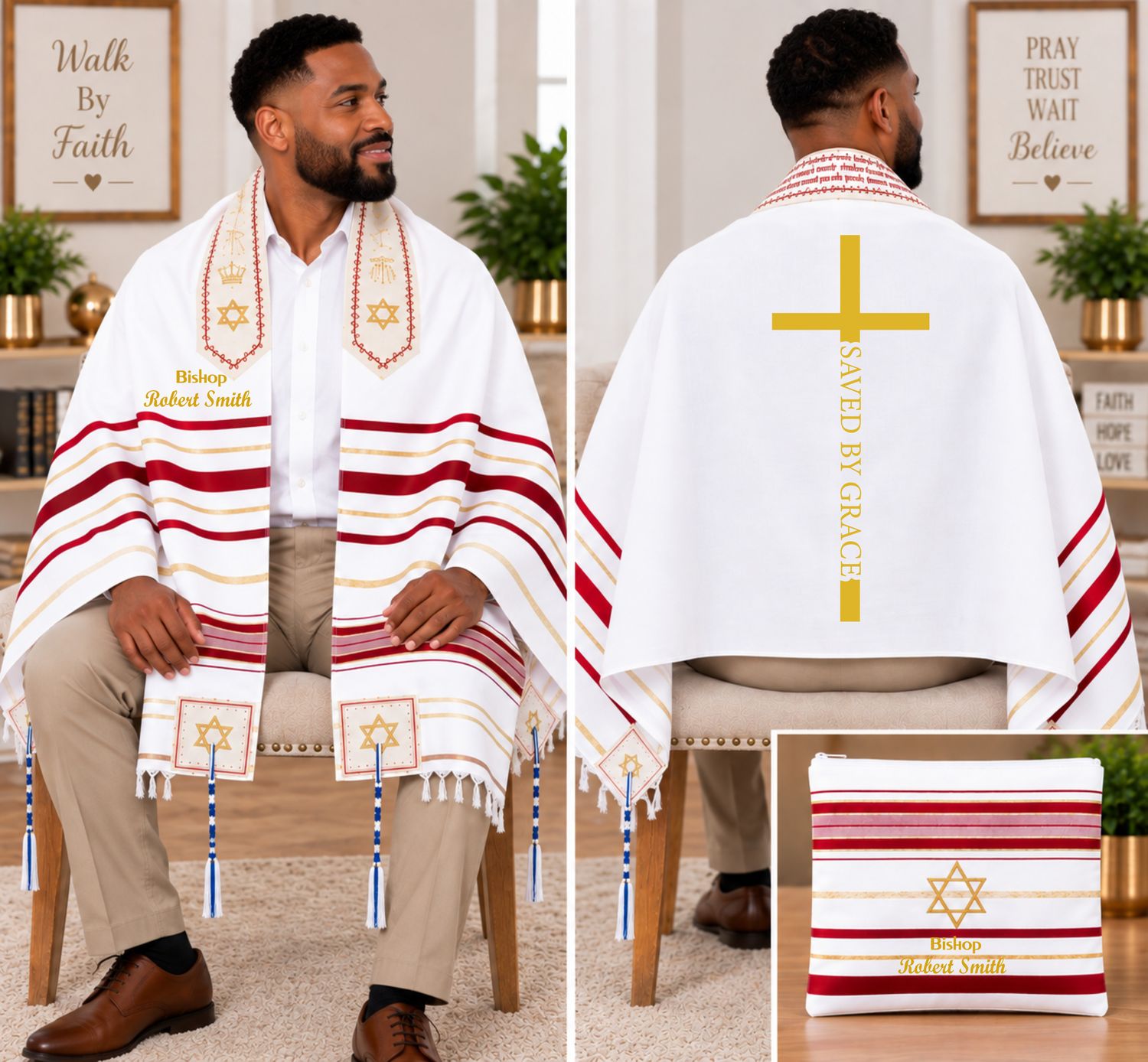 Personalized Prayer Shawl Tallit with custom name, scripture verse, and matching pouch – crafted for worship and comfort