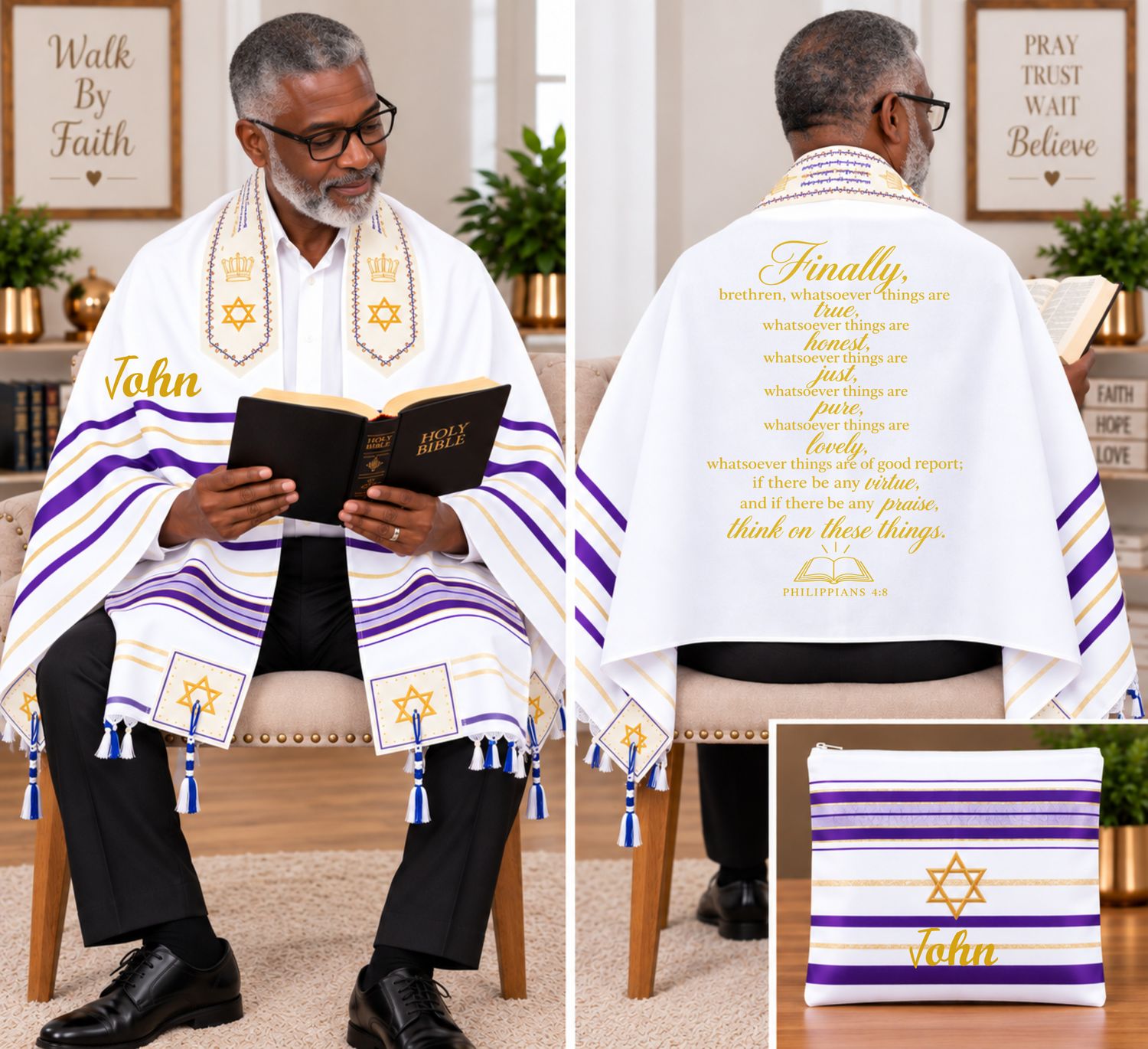 Personalized Prayer Shawl Tallit with custom name, scripture verse, and matching pouch – crafted for worship and comfort