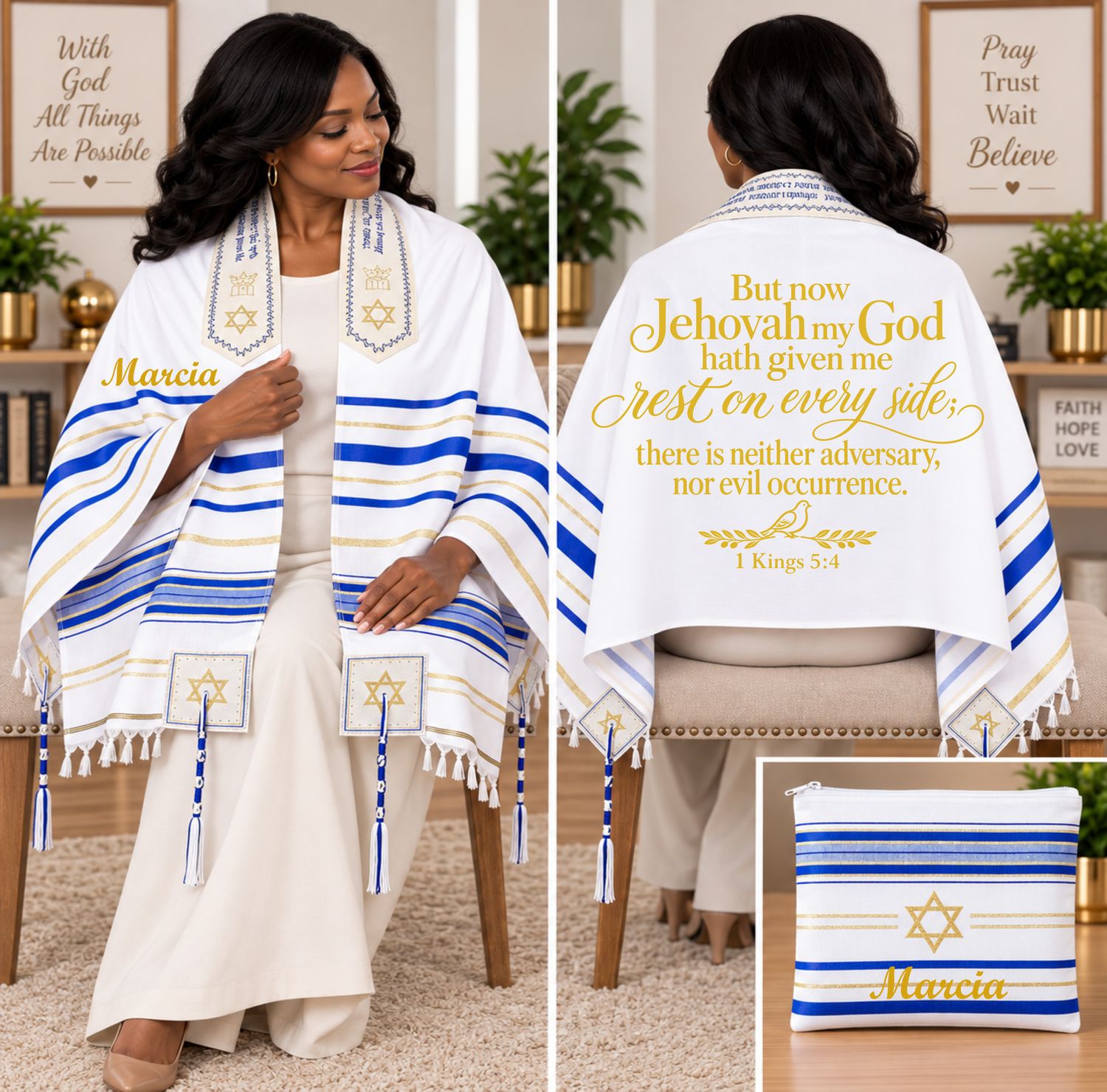 Personalized Prayer Shawl Tallit with custom name, scripture verse, and matching pouch – crafted for worship and comfort
