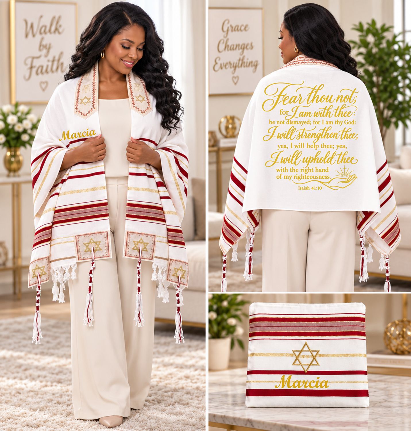 Personalized Prayer Shawl Tallit with custom name, scripture verse, and matching pouch – crafted for worship and comfort