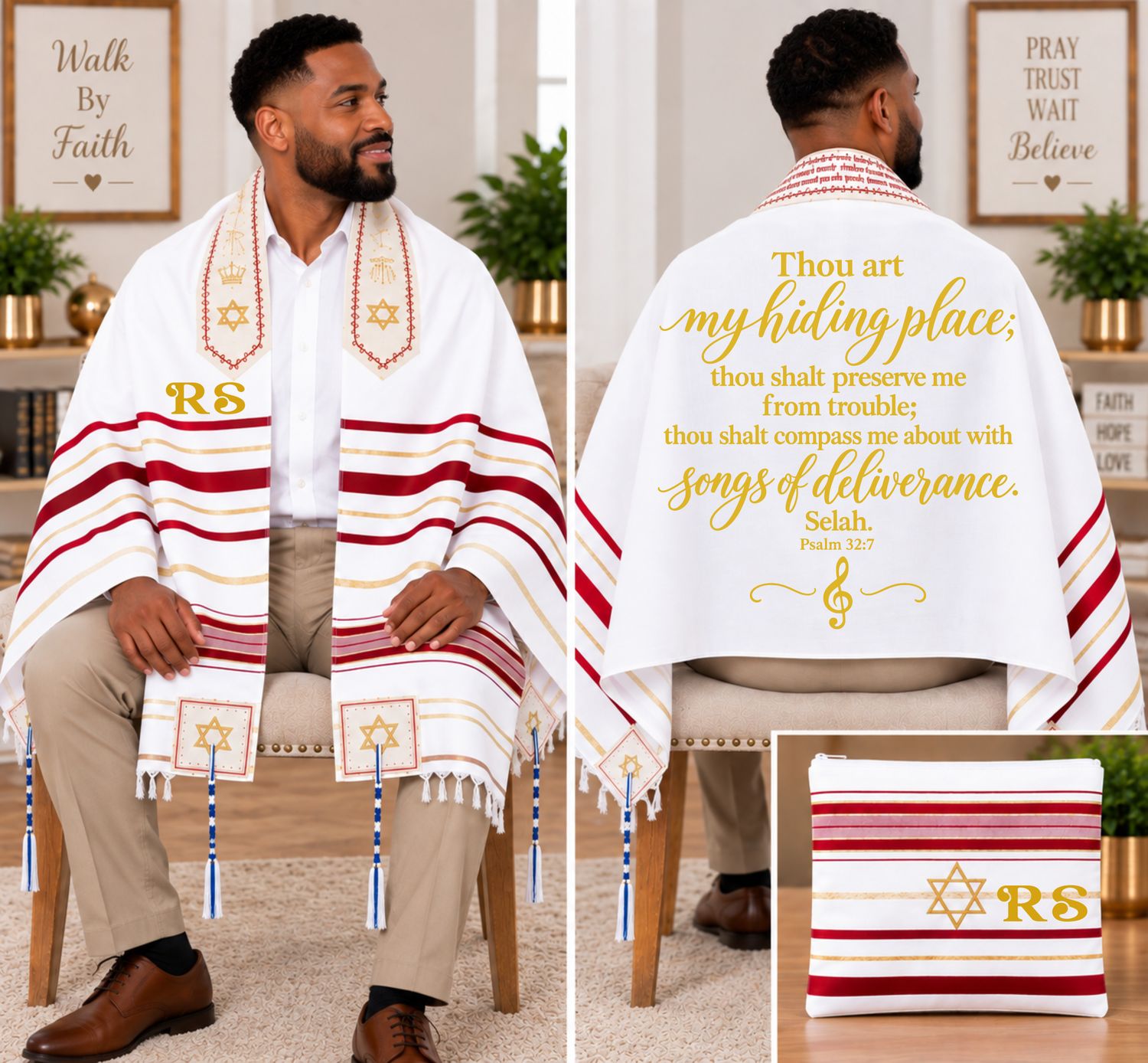 Personalized Prayer Shawl Tallit with custom name, scripture verse, and matching pouch – crafted for worship and comfort
