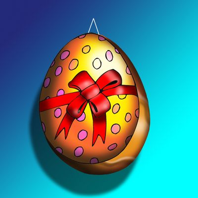 Hanging custom printed &#39;Egg&#39; Inflatable 148cm/4.9ft w x 196cm/6.4ft h image on BOTH sides.Metallic Gold edges. Includes fan unit 33ft/10m cable colour LED lamp with Bluetooth control.