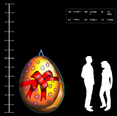 Hanging custom printed 'Egg' Inflatable 136cm/4.5ft w x 180cm/5.9ft h image on BOTH sides.Metallic Gold edges. Includes fan unit 33ft/10m cable colour LED lamp with Bluetooth control.
