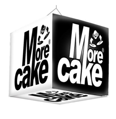 Hanging Inflatable Custom Cube 'More Cake' 4ft/122cm x 4ft/122cm x 4ft/122cm Print on 5 Panels layout as described Included: Fan unit, 10m power cable, Colour LED Bluetooth (Using Phone APP)