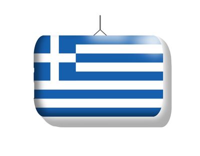 Hanging Rectangle printed 'GREEK FLAG' Inflatable 143cm/4.7ft L x 91cm/3ft h Print on BOTH sides WHITE edge? Includes fan unit and 10m power leads and a Colour Changer LED bulb with bluetooth phone ap
