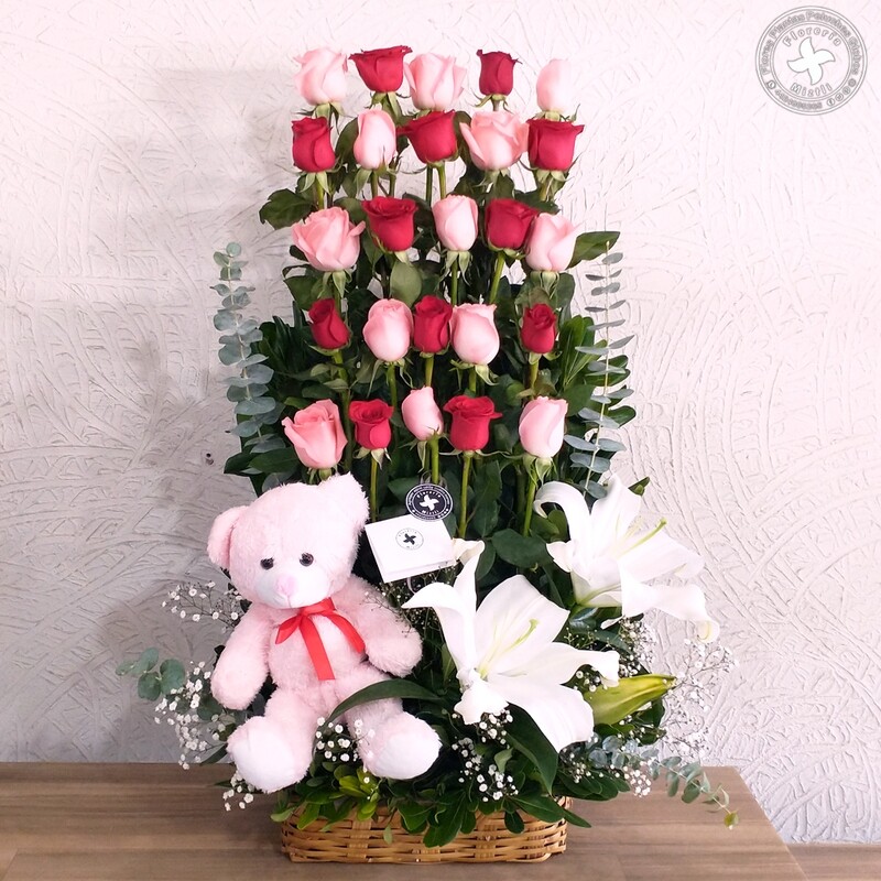 Canasta lineal 25 rosas y peluche