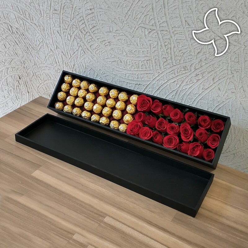 Caja larga chocolates y rosas 1
