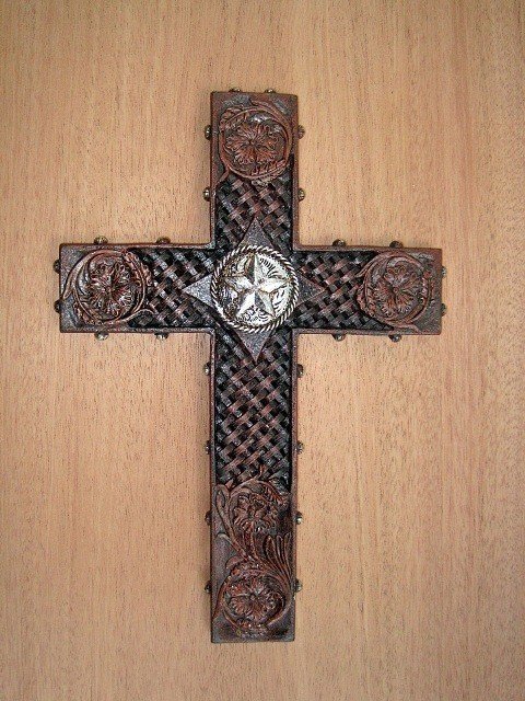 Cross with Tooled Leather and Silver Star WPF6085