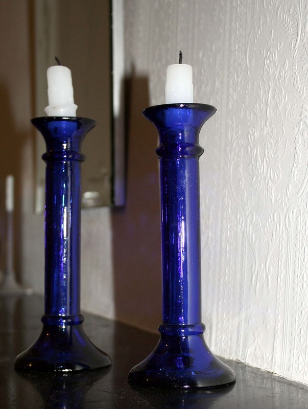 Retro blue glass candlesticks