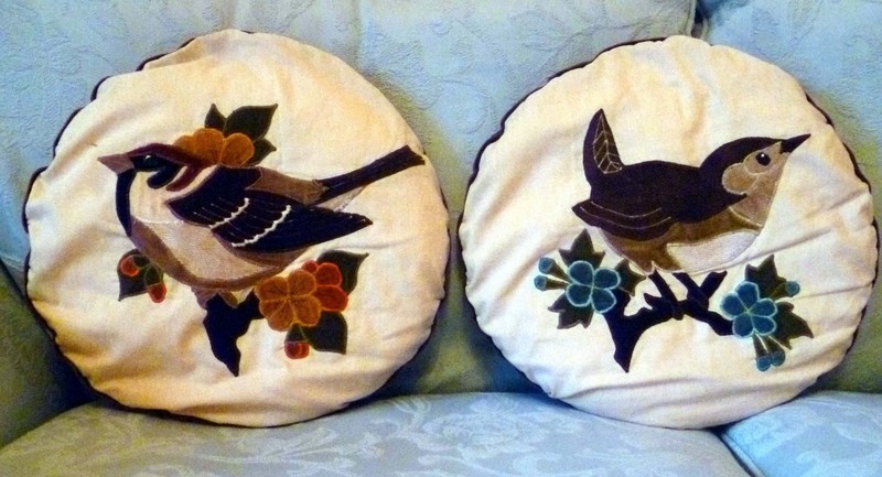 Vintage pair of bird cushions